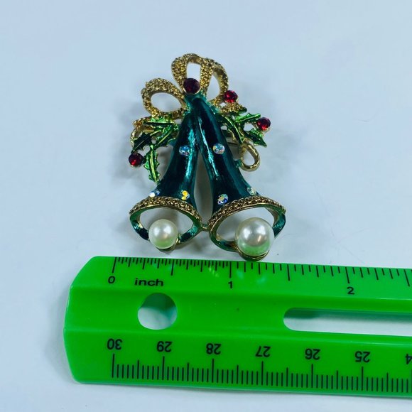 Long Two Bell Christmas Holiday Brooch Pin Holly Faux Pearls Rhinestone Bows - Picture 4 of 16